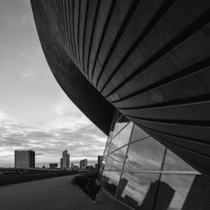 Monochrome elegance of Stratford's Aquatic Center.