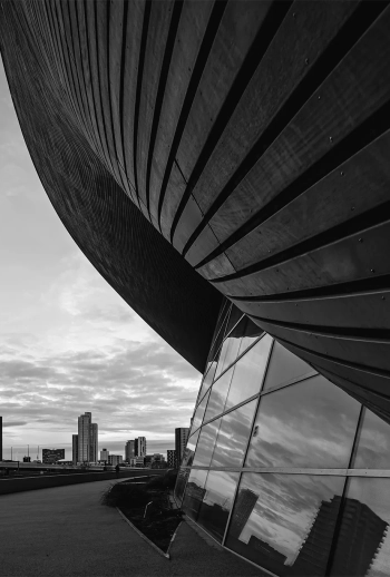 Monochrome elegance of Stratford's Aquatic Center.