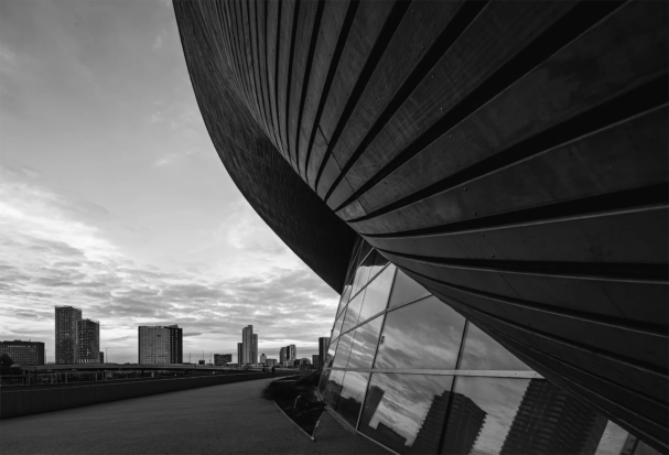 Monochrome elegance of Stratford's Aquatic Center.