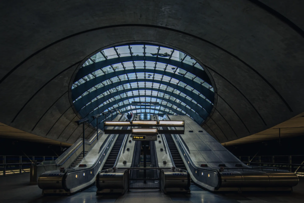 Dynamic underground architecture in Canary Wharf.