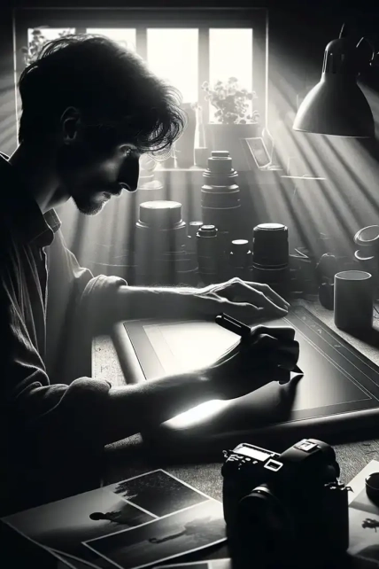 A monochrome depiction of a photographer engrossed in the detailed work of photo editing, illuminated by the ambient light of a computer screen in a dim workspace.