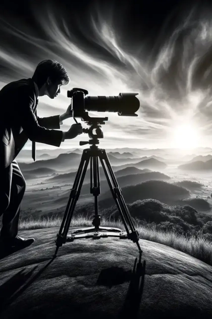 A black and white image showcasing a photographer in the act of capturing a breathtaking 360-degree panoramic shot, set against a vast landscape.