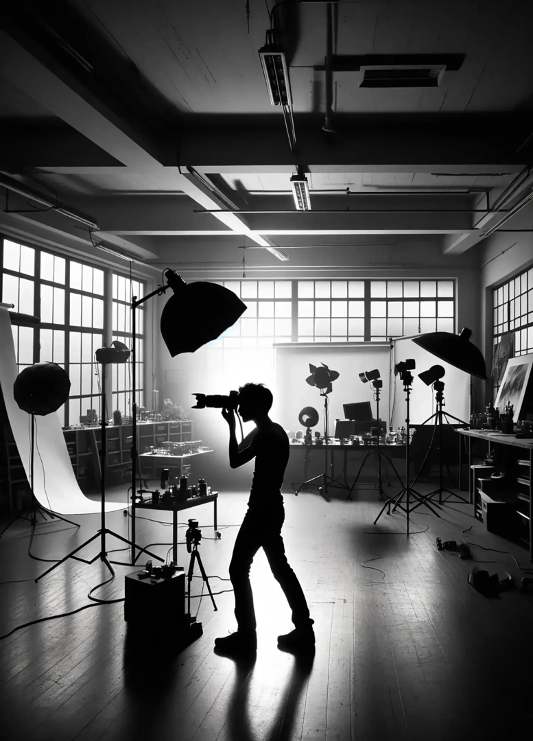 A black and white vertical photo capturing a photographer at work in their studio, surrounded by professional photography equipment and soft lighting.