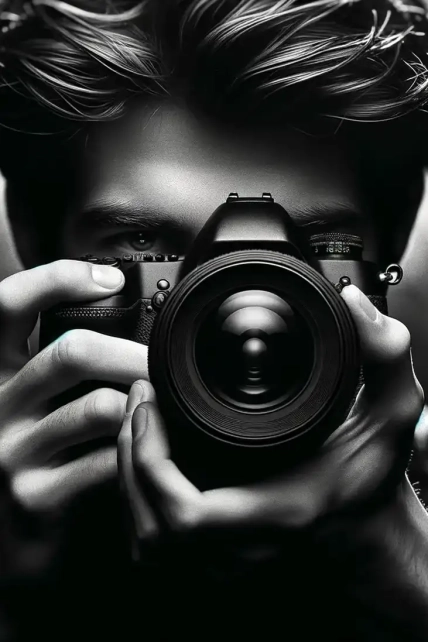 A black and white image showcasing a close-up of a photographer's hand gripping a high-end Canon camera, highlighting the intricate details of the camera and lens.