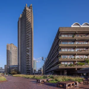 Sunny day at Barbican Estate, Brutalist architecture.