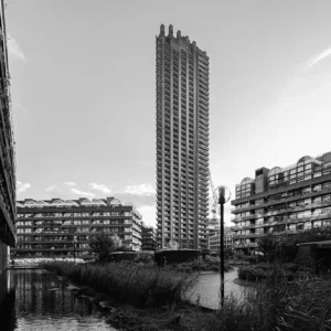 Black and white view of Barbican Estate.