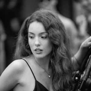 Contemplative Sophie in black and white, Central London.