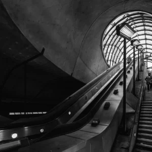 Textural details of Canary Wharf underground in B&W.