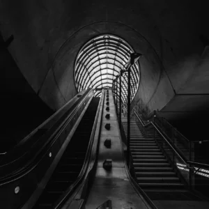 Black and white focus on underground architecture.