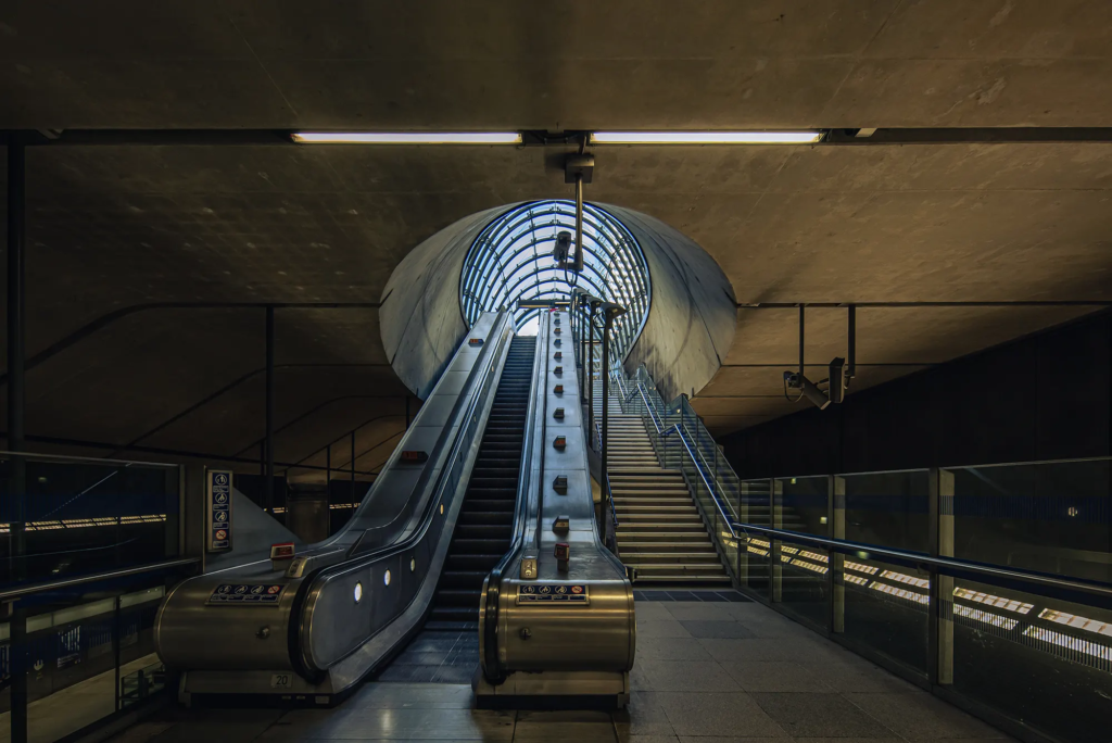 Sleek modern underground at Canary Wharf.
